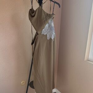 Avec Les Filles Asymmetrical Olive Dress with Silver Accent